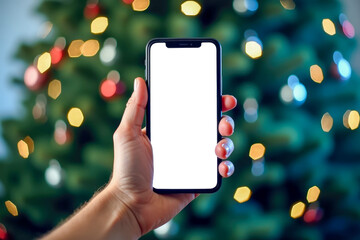 Hand holding smartphone with blank screen in front of decorated Christmas tree with colorful lights, festive mood, warm holiday atmosphere, focus on display for mockup or design presentation.