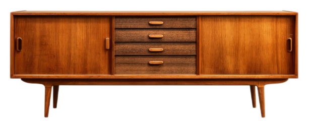 Mid century modern wooden sideboard with sliding doors and drawers in warm wood tones