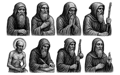 Medieval monks in engraved style depicting daily life and religious practices