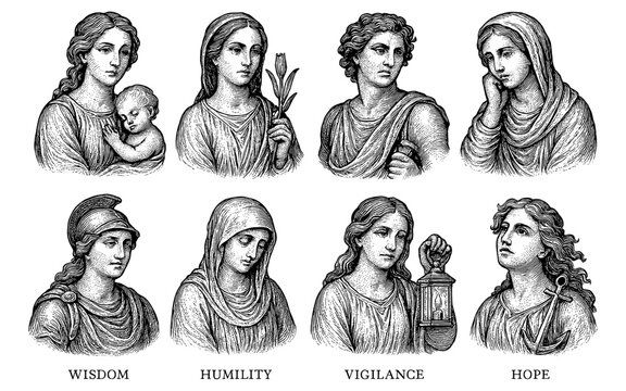 Classical engraving style depicting virtues with detailed human figures in vintage art