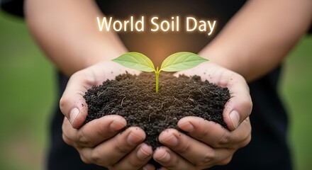 Person holding soil with a small plant growing out of it celebrating world soil day in the background