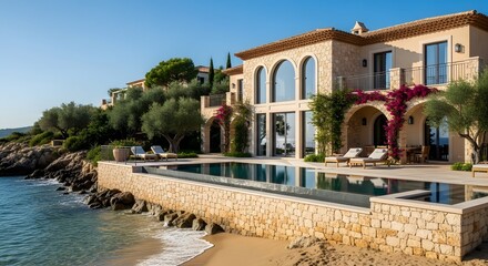 Fototapeta premium Luxury villa by the sea with swimming pool and stone architecture on the coast