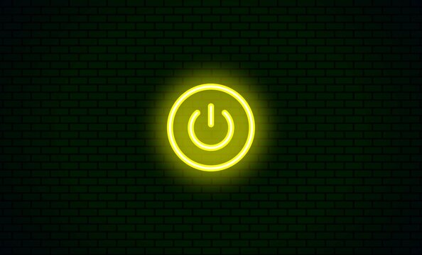 Neon glowing power button icon. Yellow color Neon light power button turning on and off. Power Switch symbol. Power switch and button icon on black background	
