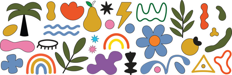 A vibrant abstract pattern design on a white background including a variety of organic shapes and components