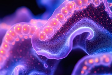 Mesmerizing abstract bioluminescent forms in vibrant purple and blue, adorned with glowing orange orbs, create a stunning, intricate microscopic visual.