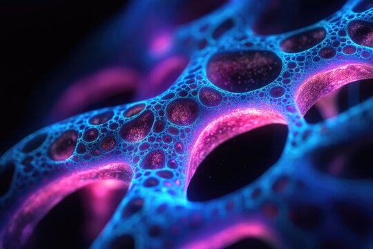 Luminous abstract cellular network, showcasing vibrant blue intricate connections and glowing pink masses, reminiscent of microscopic life.