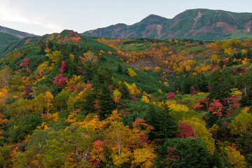 Autumn Colors on Tokachidake Volcano Seen from Ryounkaku Hot Spring, Kamifurano, Hokkaido
