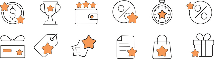 Benefit, prize, and unique Doodle coupon icon collection.  Bonus cards, loyalty programs, and VIP member icons are all hand-drawn sketches.  Doodle is an exclusive reward and discount program offer.  