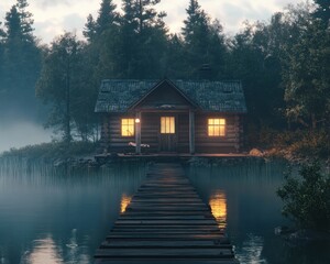 Fototapeta premium Cabin lakeside view at dusk
