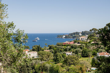 Scenic Hillside Coastal View With Greenery and Homes.