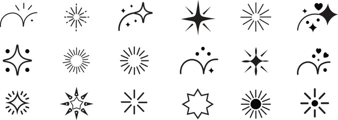 Confetti element set, line icon ray.  Starburst line art with pop icon forms, unexpected emphasis components, and hand-drawn glitter sparks.  A vector image of a sunny ray in a decorative sketch style