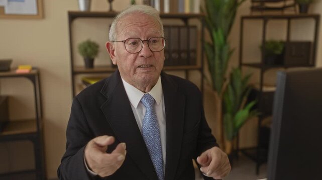 Senior man in suit having a video call in a modern office, surrounded by plants and shelves, expressing animatedly at his computer screen.