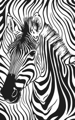 High Contrast Detailed Zebra Head with Striped Pattern Illustration.