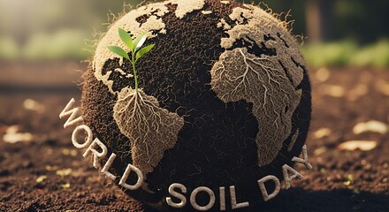 World soil day concept with earth globe made of soil and a small plant growing on it in soil ground
