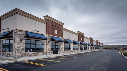Obraz premium Modern retail storefronts with stone accents and blue awnings line a paved parking lot under a cloudy sky
