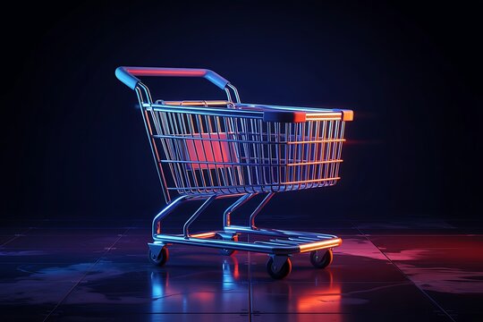 Futuristic glowing shopping cart illuminated by vibrant neon lights on a dark reflective surface - Powered by Adobe