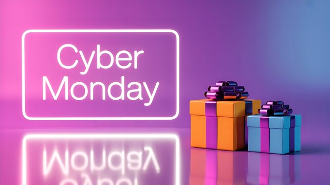 Bright neon cyber monday sign with gift boxes reflecting on a glossy surface with purple and pink hues - Powered by Adobe