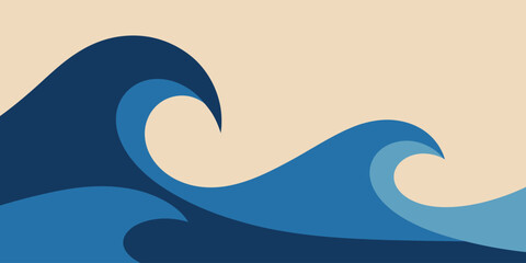 A simple illustration of ocean waves in shades of blue against a light beige background design art