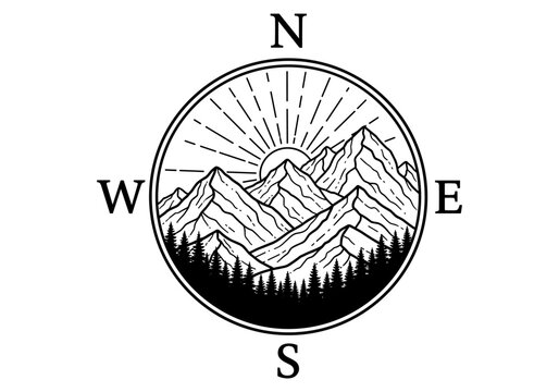 Monochrome mountain landscape with compass rose and trees