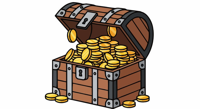 A treasure chest overflowing with gold coins, a symbol of wealth and adventure, isolated on a cartoon illustration of a pirates loot
