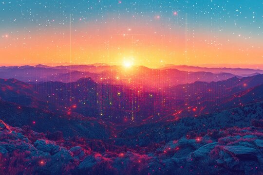 A futuristic digital landscape showcasing a vibrant, pixelated sunset over layered mountains, with glowing data streams illuminating the ethereal terrain.