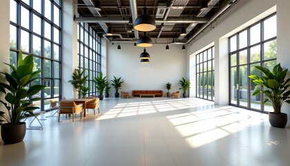 A light and airy modern conference room with large windows, indoor plants and stylish decor. The spacious interior suggests a sense of professionalism and openness