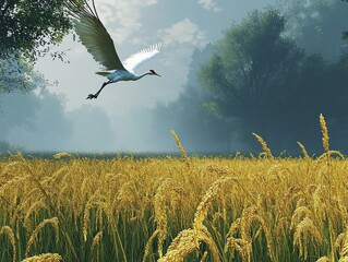 Obraz premium Crane flying over wheat field