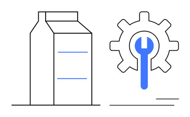 Toolkit inside gear symbolizes repair alongside milk carton. Ideal for manufacturing, packaging, maintenance, innovation, production efficiency, process optimization, simple flat metaphor