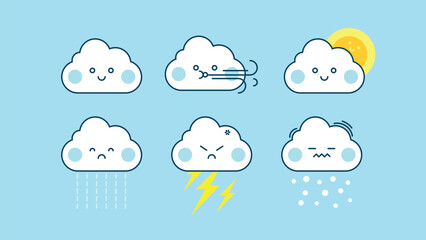Obraz premium A set of cute vector cloud emoji icons showing different weather conditions, including sunny, windy, rainy, stormy, and snowy moods in a clean, playful style.