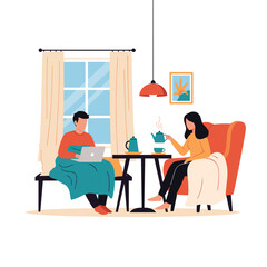 A man and a woman enjoy a cozy indoor moment with drinks and a laptop.