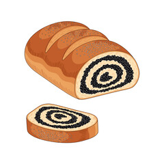 A freshly baked poppy seed roll with a slice cut from the loaf on a white background.