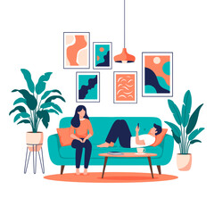 A couple relaxing in a modern living room with plants and art.