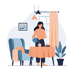 A woman pouring tea for herself in a cozy living room setting.