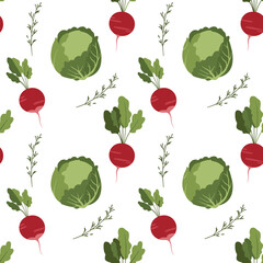 A delightful pattern featuring fresh cabbages and vibrant radishes