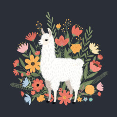 A fluffy white llama stands proudly surrounded by a vibrant bouquet of colorful wildflowers and lush green foliage.