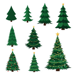 A collection of decorative evergreen trees adorned with twinkling lights and festive ornaments.