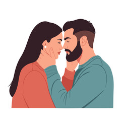 A couple sharing a tender moment with their foreheads touching.