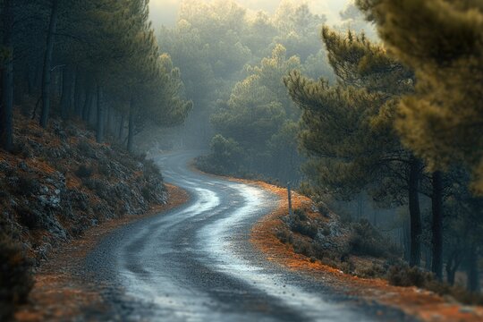 A misty, winding forest road surrounded by tall pine trees and autumn foliage. The wet path leads into a serene, hazy landscape.