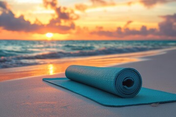 A turquoise yoga mat lies unrolled on a sandy beach at sunrise, with ocean waves and a golden sky creating a serene wellness scene.