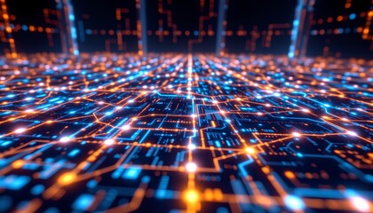 Abstract visualization of a complex digital data flow, illuminated with a futuristic, vibrant glow. The interconnected pathways represent technological advancements