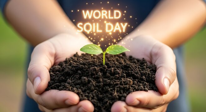 A person holding soil with a small plant growing in their hands for world soil day celebration event - Powered by Adobe
