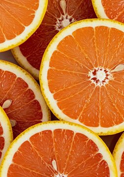 Close-up of vibrant, freshly sliced citrus fruit halves, glistening with refreshing droplets and bursting with natural succulence ,fruit ,hydration ,vitamin rich
