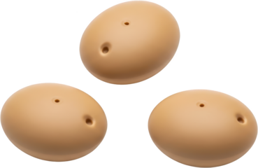 Three brown chicken eggs with small holes on their surfaces are arranged in a triangular pattern isolate Brown Egg Perforated Cracked Egg Empty Egg Raw Egg