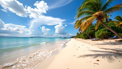 A stunning tropical beach scene with lush palm trees, white sand, and crystal-clear turquoise waters under a blue sky