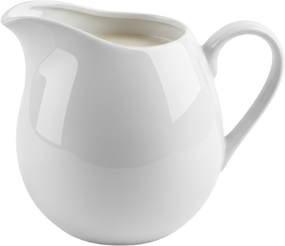 A white ceramic pitcher filled with a light colored liquid showcasing a smooth curved handle and a pouring spout isolated with cream milk container kitchenware
