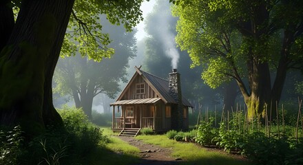 Forest Cabin Serenity: A quaint wooden cabin nestled in the heart of a lush forest. Smoke gently rises from the chimney, suggesting warmth and comfort. The scene evokes a feeling of peacefulness.