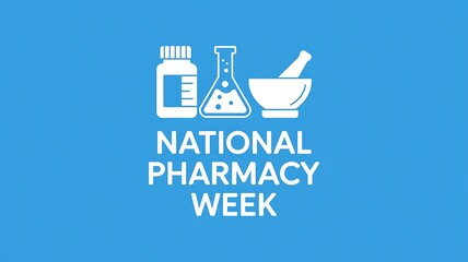 Celebrating national pharmacy week with iconic symbols of medicine and healthcare science on a vibrant blue background