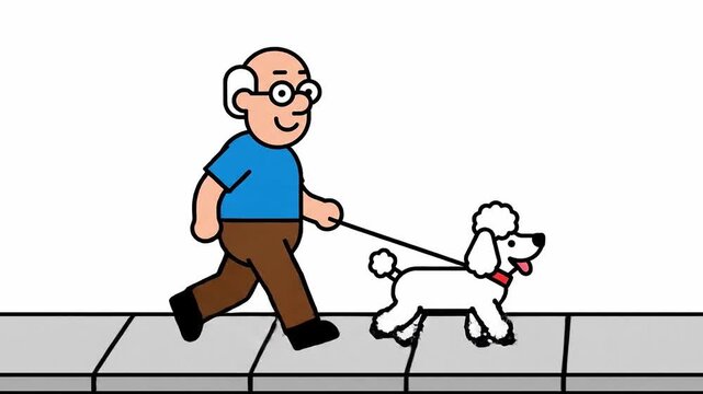 Animated Elderly Man Walking a Poodle Along Sidewalk in Cartoon Style Animation Loop