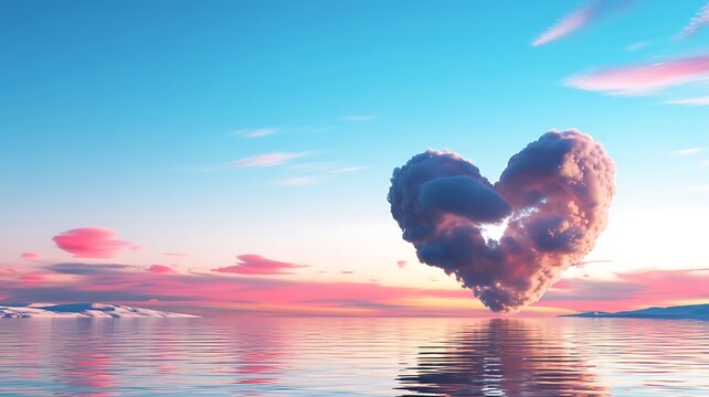 Dreamy heart shaped cloud floating above reflective water at sunset with pink and blue sky