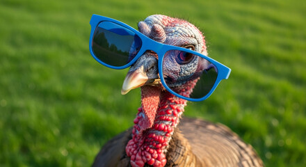 Close-up of turkey with blue sunglasses against green grass, representing humor and carefree attitude, suitable for entertainment or comical themes